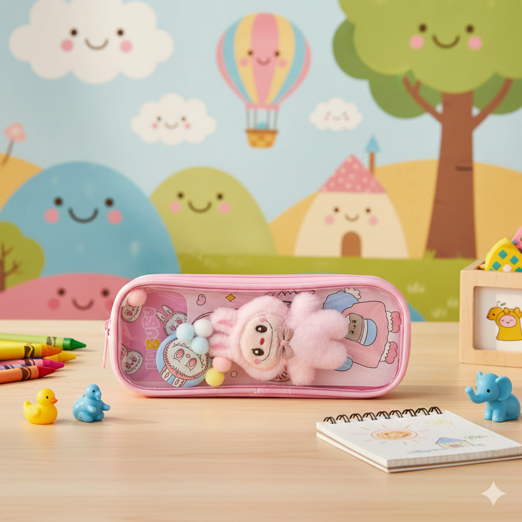 Pen/Pencil Pouch-with soft toy labubu and badge- Pink