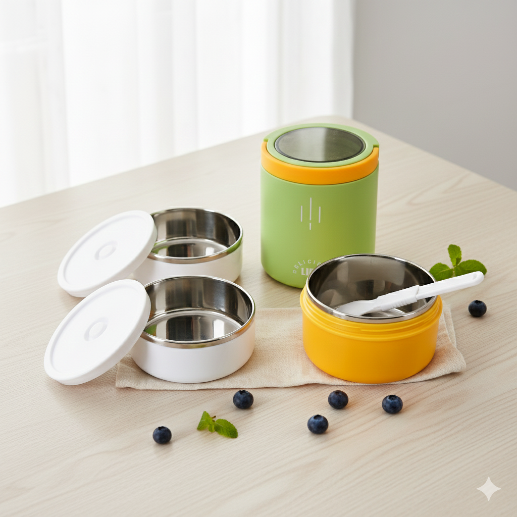 Triple Compartment Stainless Steel Lunch Box (Yellow - Green)