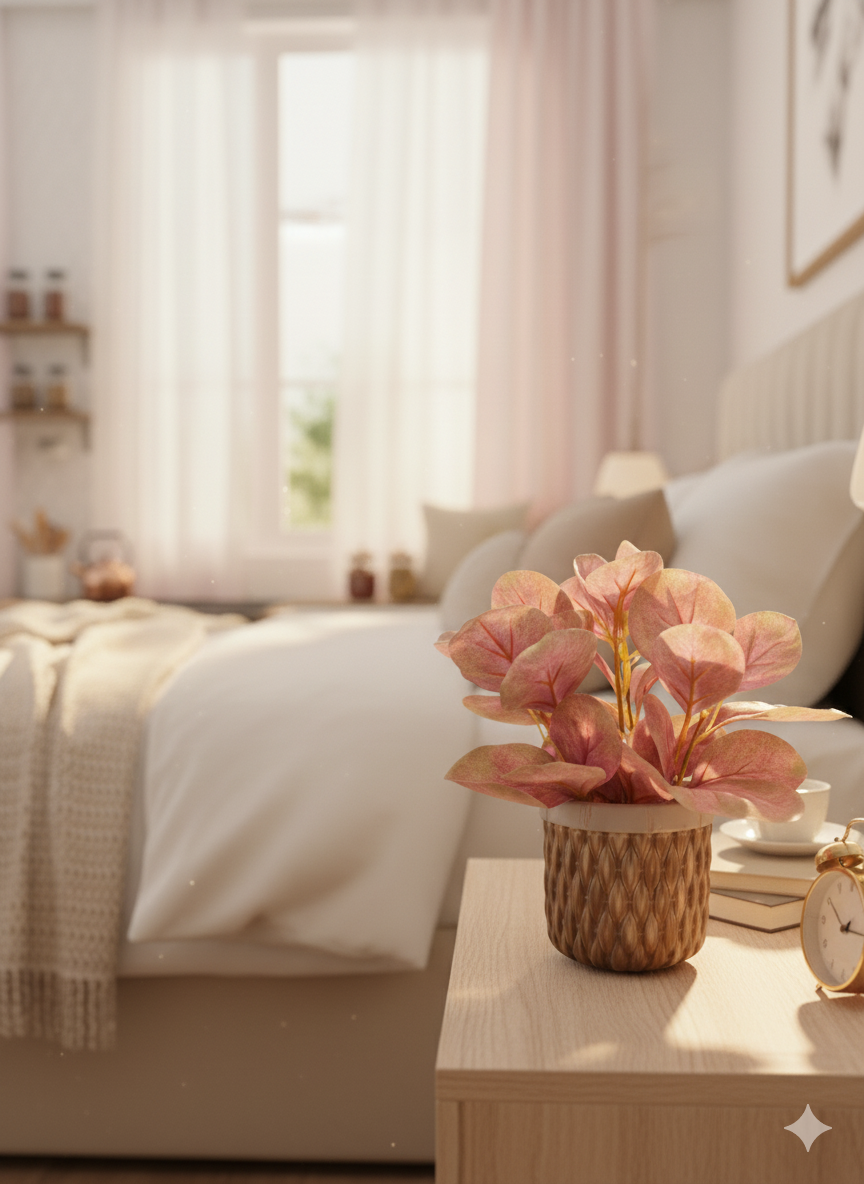 Textured Ceramic Planter with Artificial Pink-Green Leaves