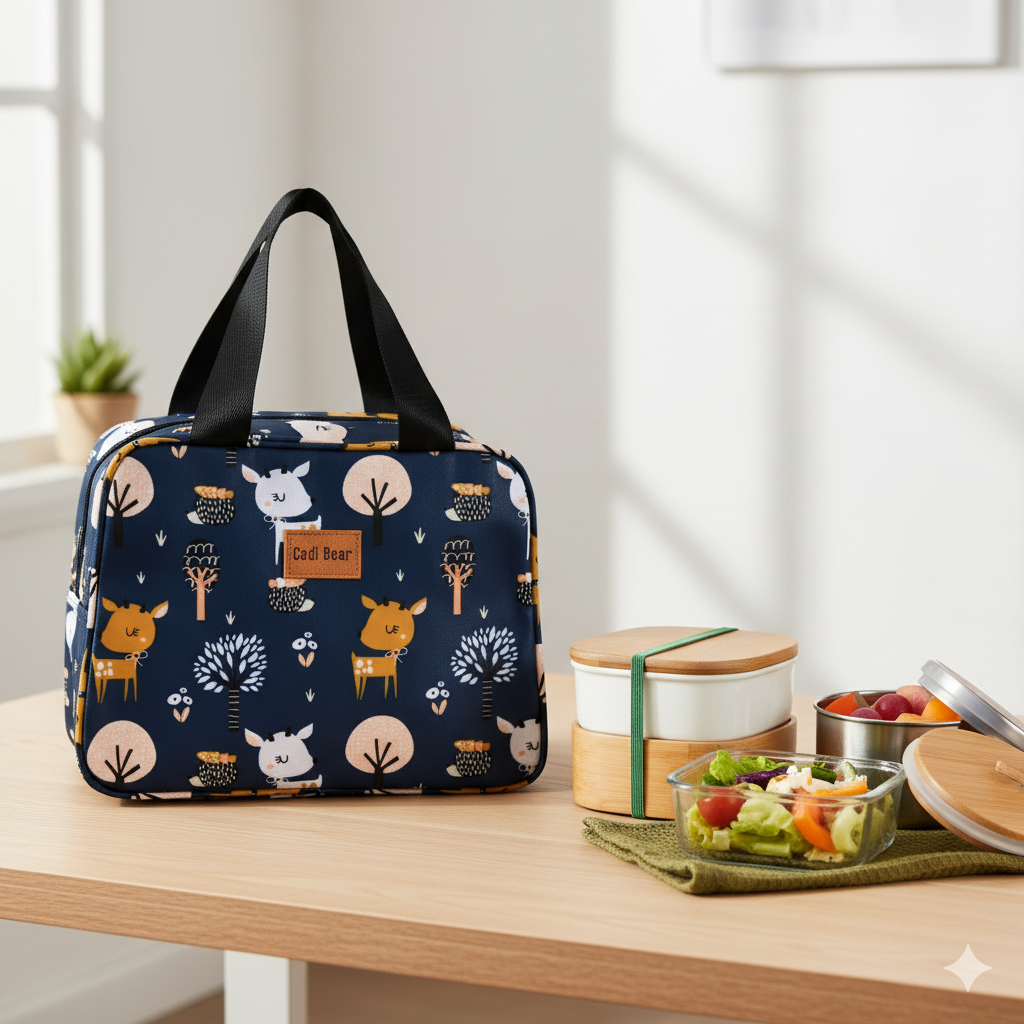 Navy blue base with multicolor deer & tree print Lunch Bag