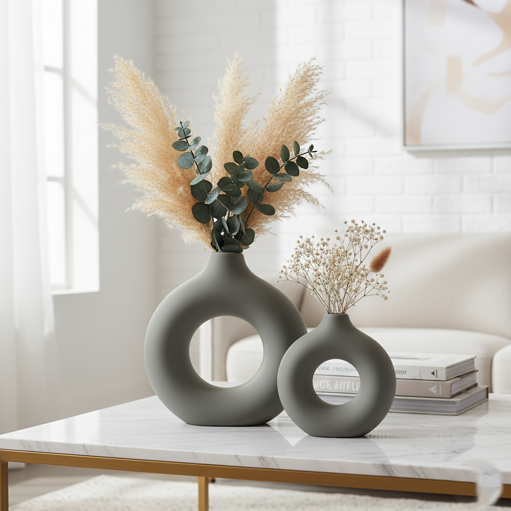 Set of 2 Decorative Olive Green Ceramic Vases – Matte Finish Round Style (Copy)