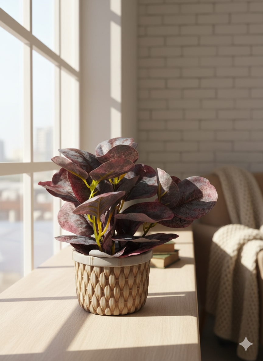 Textured Ceramic Planter with Artificial Maroon-Green Leaves