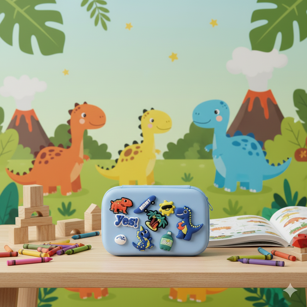 DIY Dinosaur-Themed Pencil Box (Light Blue)
