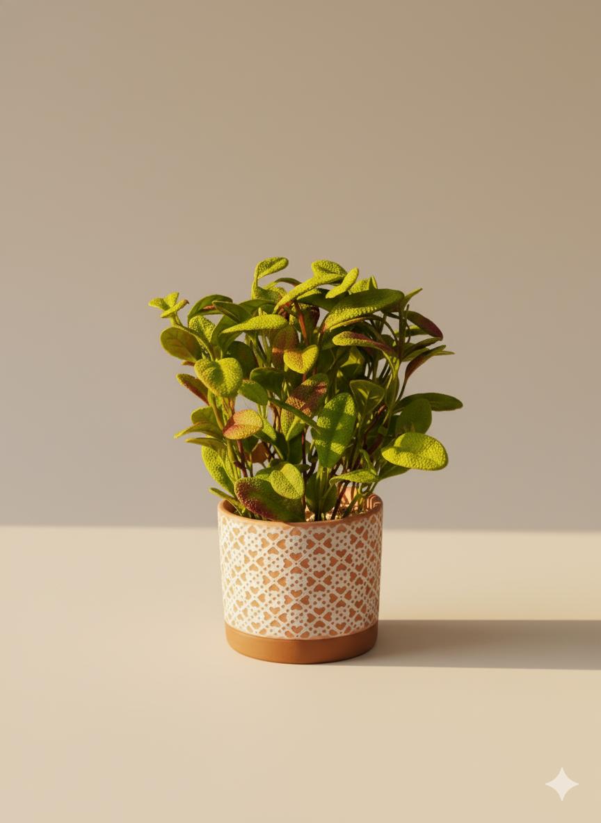 Decorative Patterned Ceramic Planter with Artificial Green & Red-Hint Leaves
