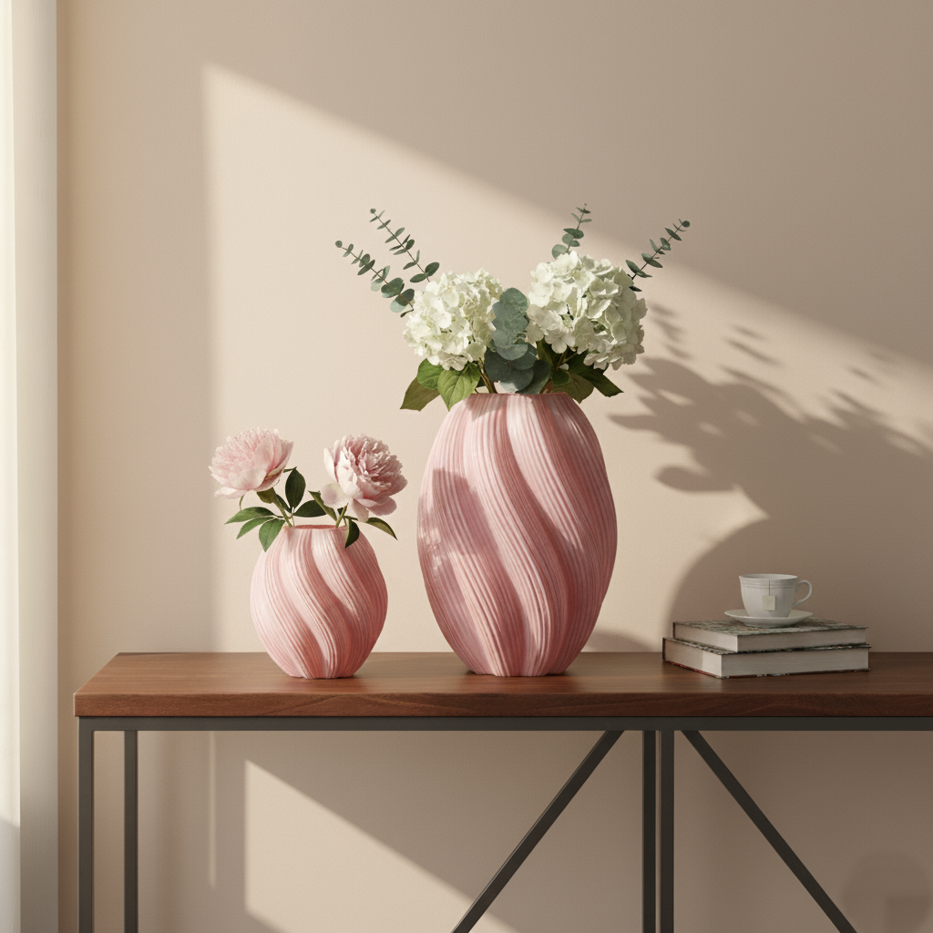 Pink Curved Textured Decorative Vase (Set of 2)