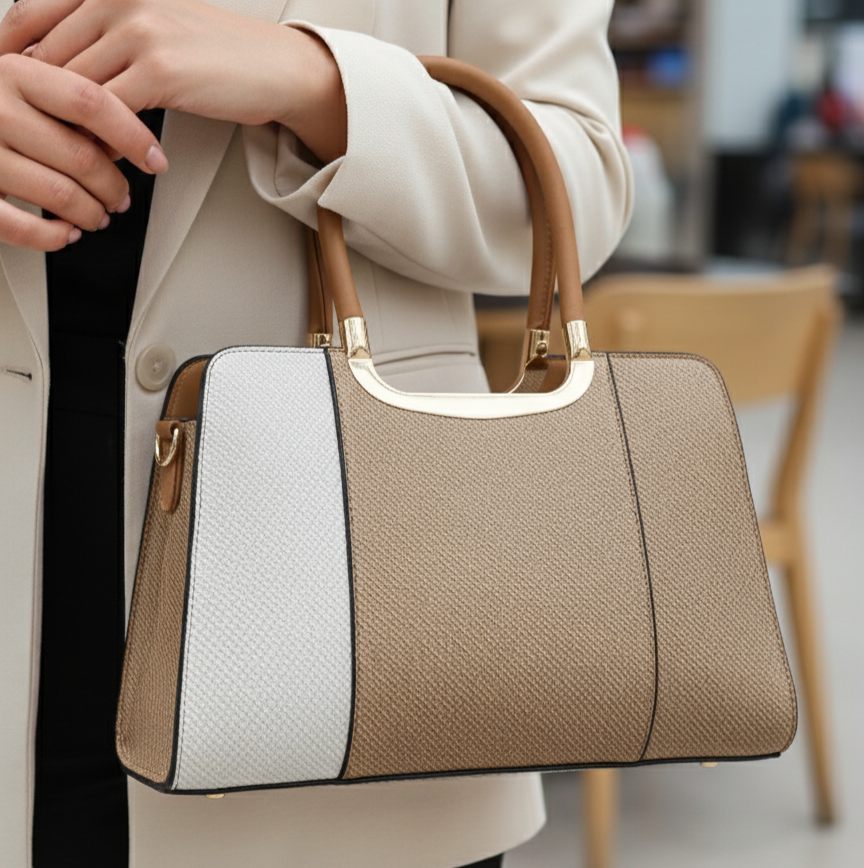 Women’s Two-Toned Handbag – White & Beige with Gold Detailing and Sling Strap