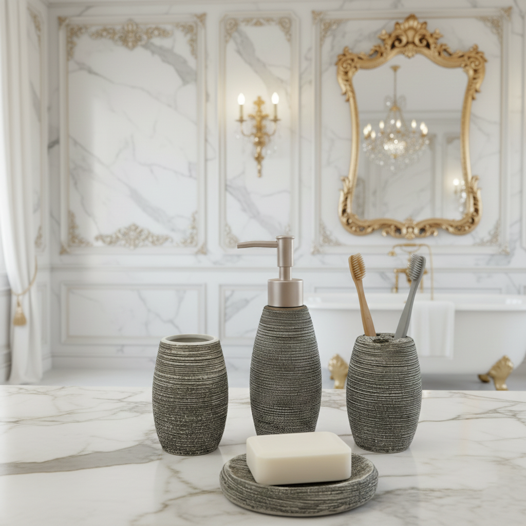 Elegant Charcoal Stone-Look Bathroom Accessory Set (4-Piece) with Soap Dispenser, Toothbrush Holder, Tumbler & Soap Holder – Modern Textured Resin Décor