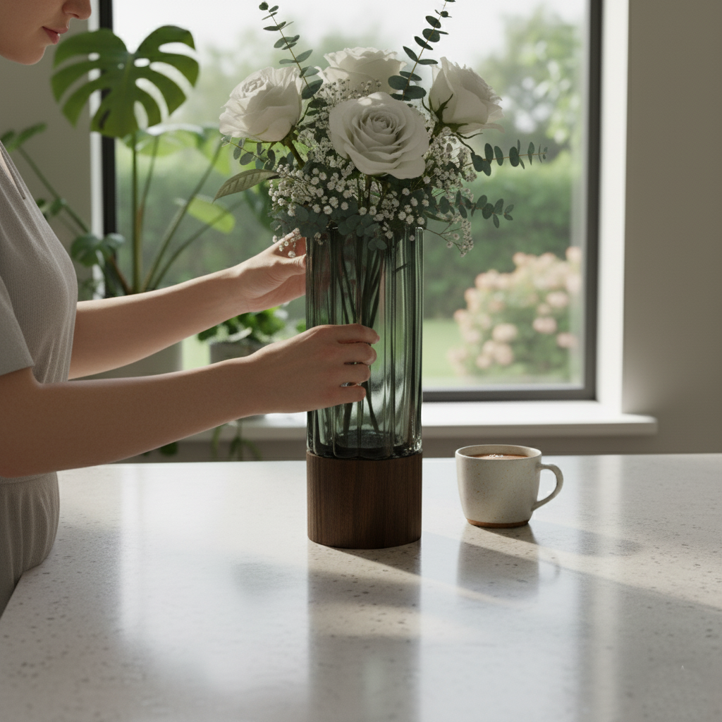 Ribbed Smoky Glass Vase with Wooden Base – Large