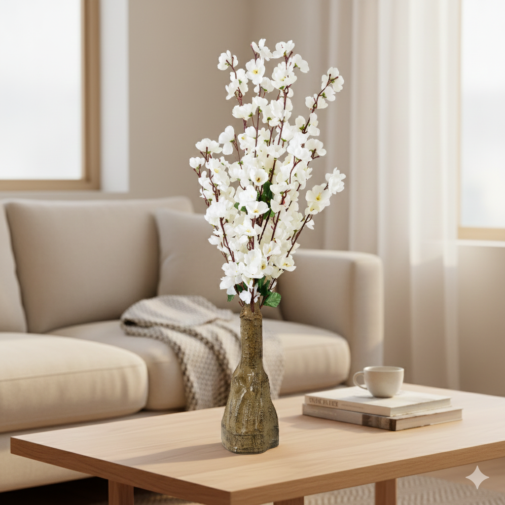 Artificial Planter-Cherry Blossom (White with Green Leaves)
