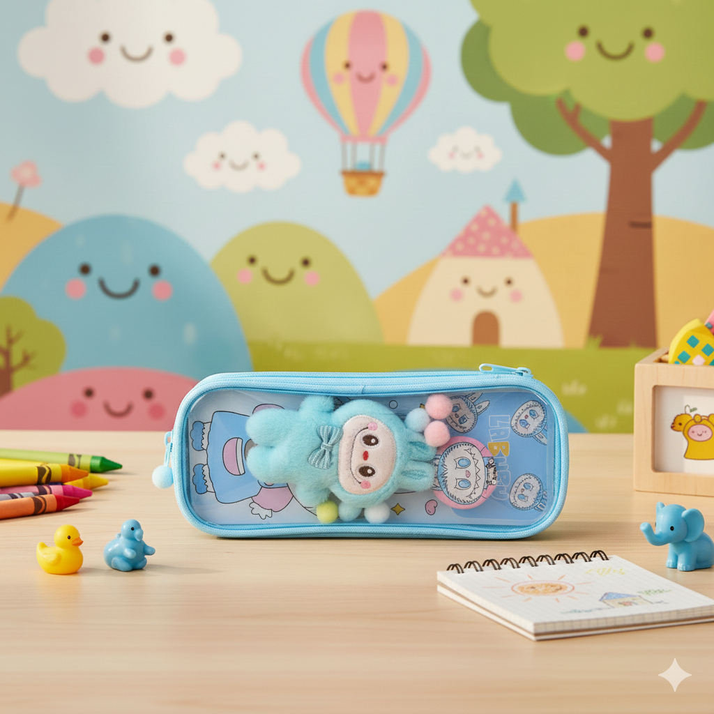 Pen/Pencil Pouch-with soft toy labubu and badge- Blue