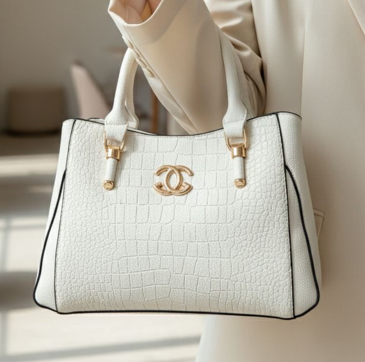 Women’s White Textured Handbag – Leatherette Finish with Gold Detailing & Adjustable Sling Strap