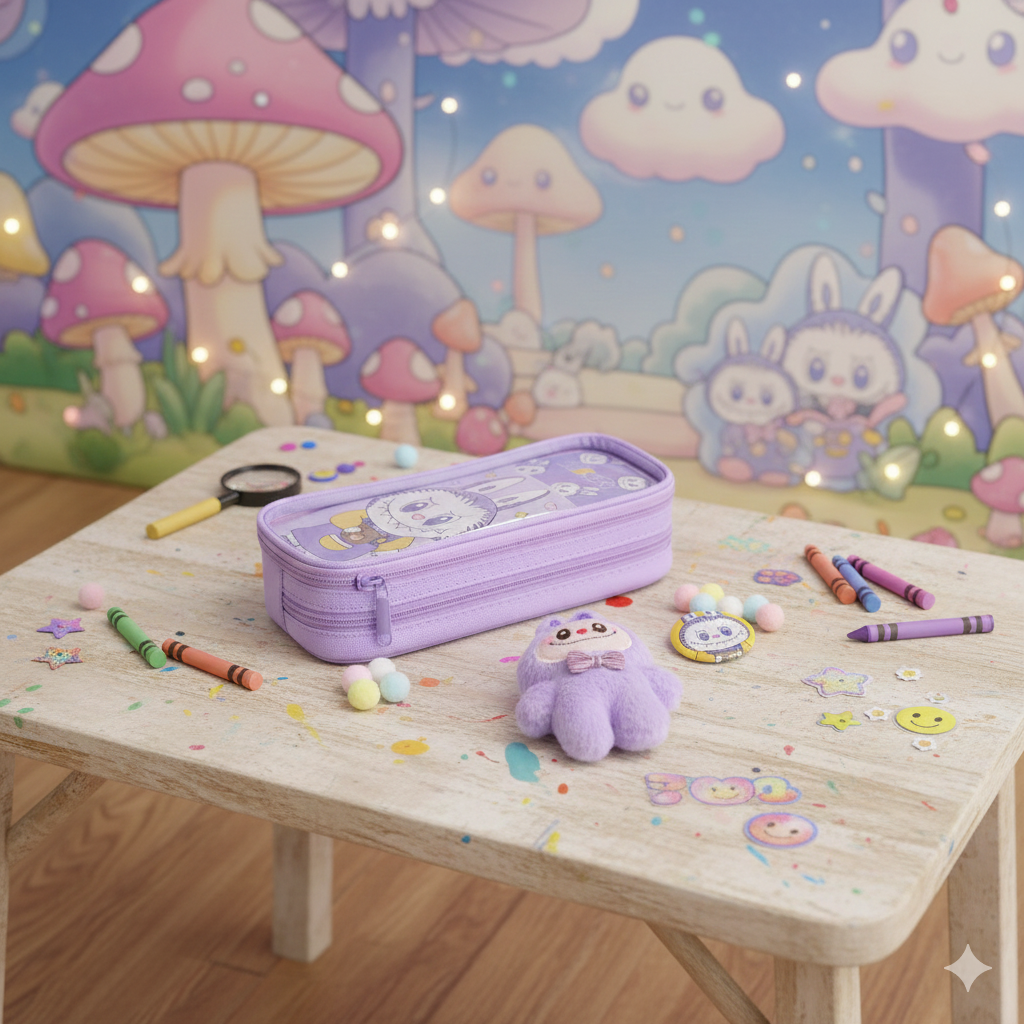 Pen/Pencil Pouch-with soft toy labubu and badge- Purple