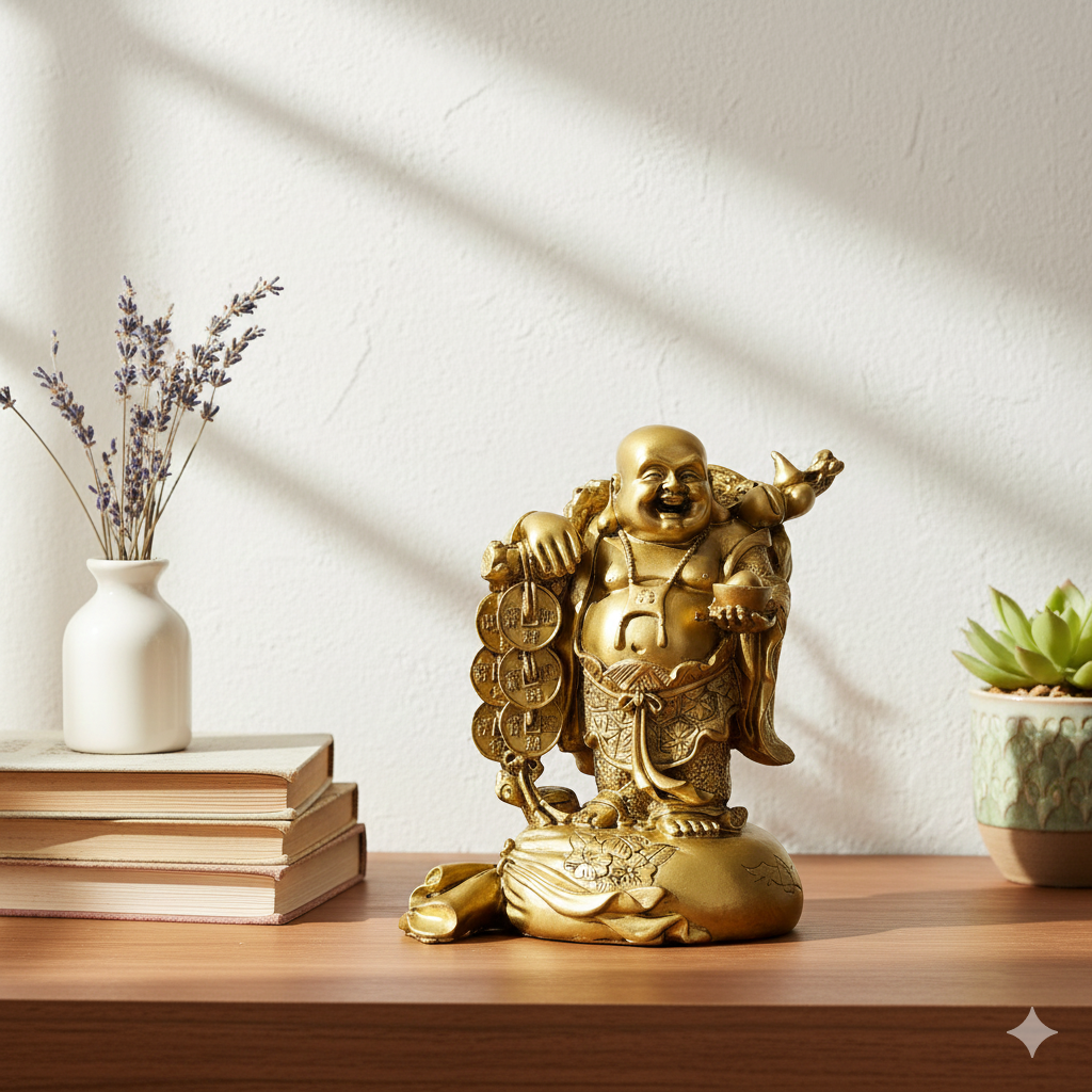 Laughing Buddha with Money tree and Wealth Sack