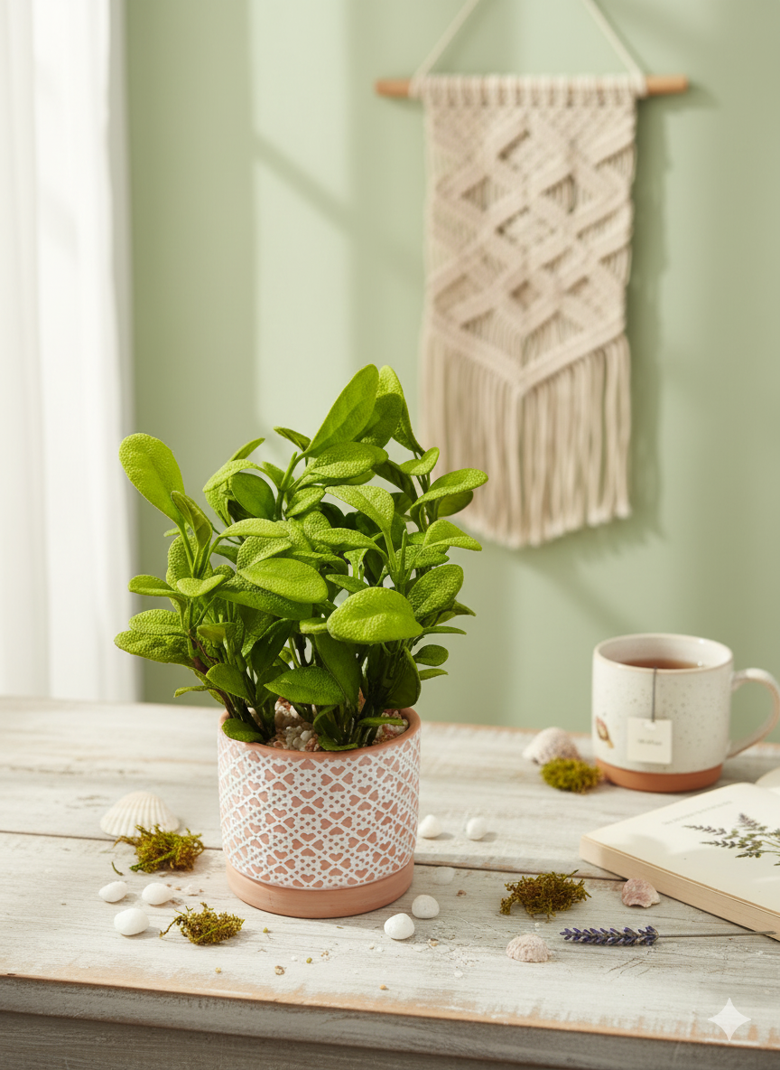 Decorative Patterned Ceramic Planter with Artificial Green Plant