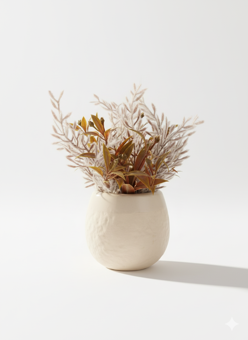 Ceramic Textured Planter with Artificial Green-Brown Leaves & White Fuzzy Sprigs