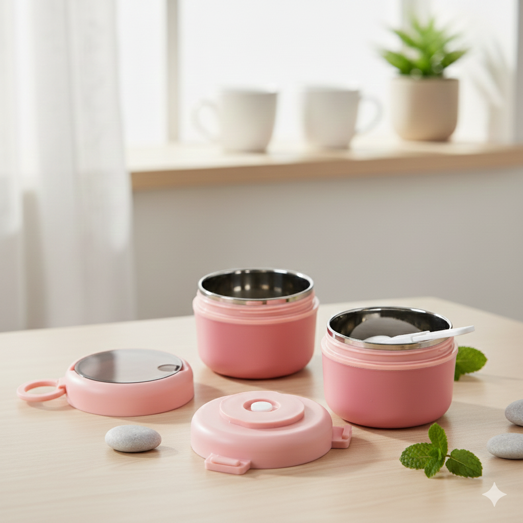 Double Compartment Stainless Steel Twist & Go Lunch Box (Pink with Grey)