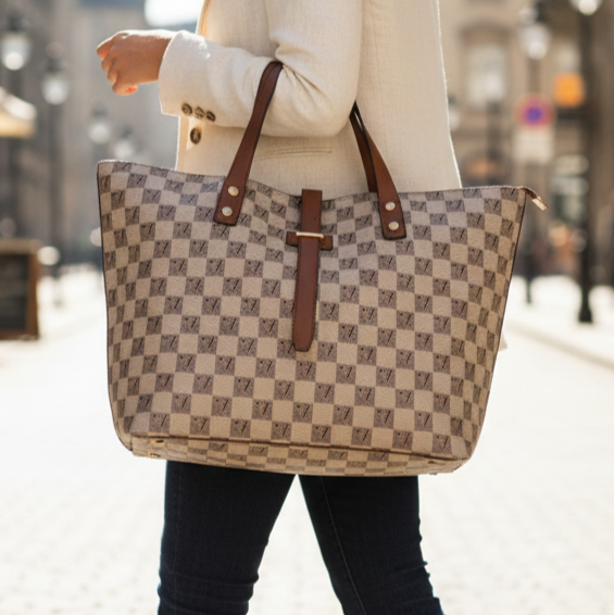 Women’s Classic Checkered Tote Handbag – Luxury Designer-Inspired PU Leather Edition