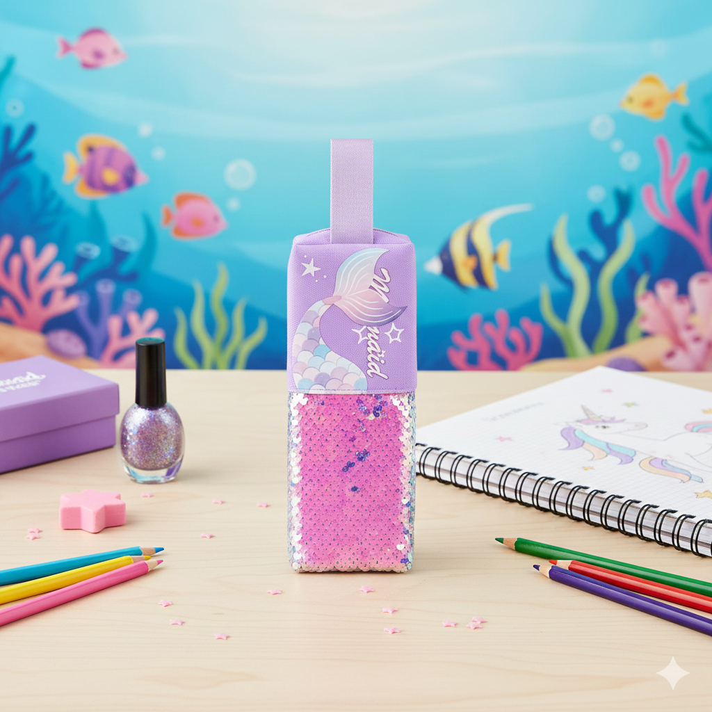 Mermaid-Themed Sequin Pencil Pouch (Purple)