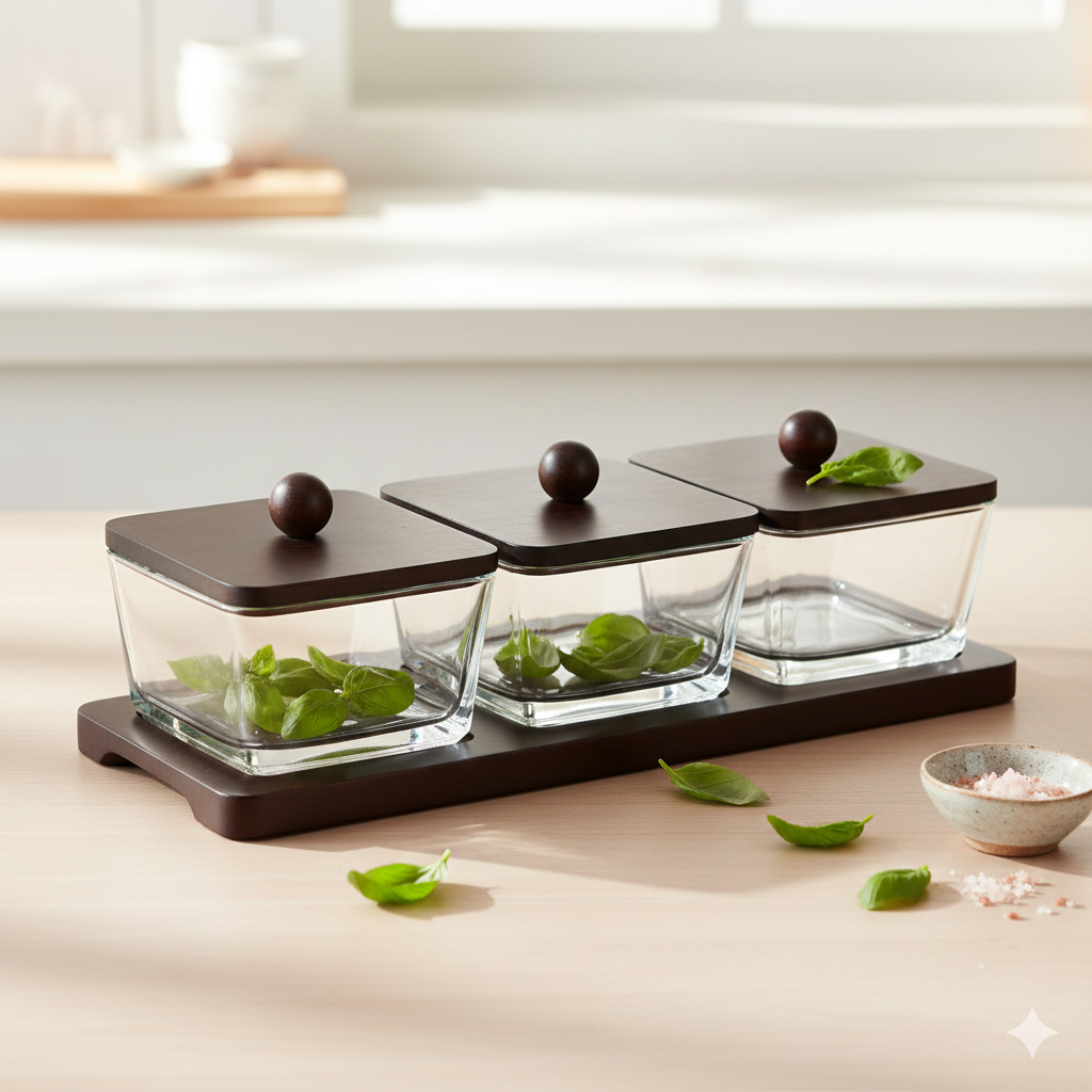 Luxury Wooden Kitchen Storage Jar Set of 3