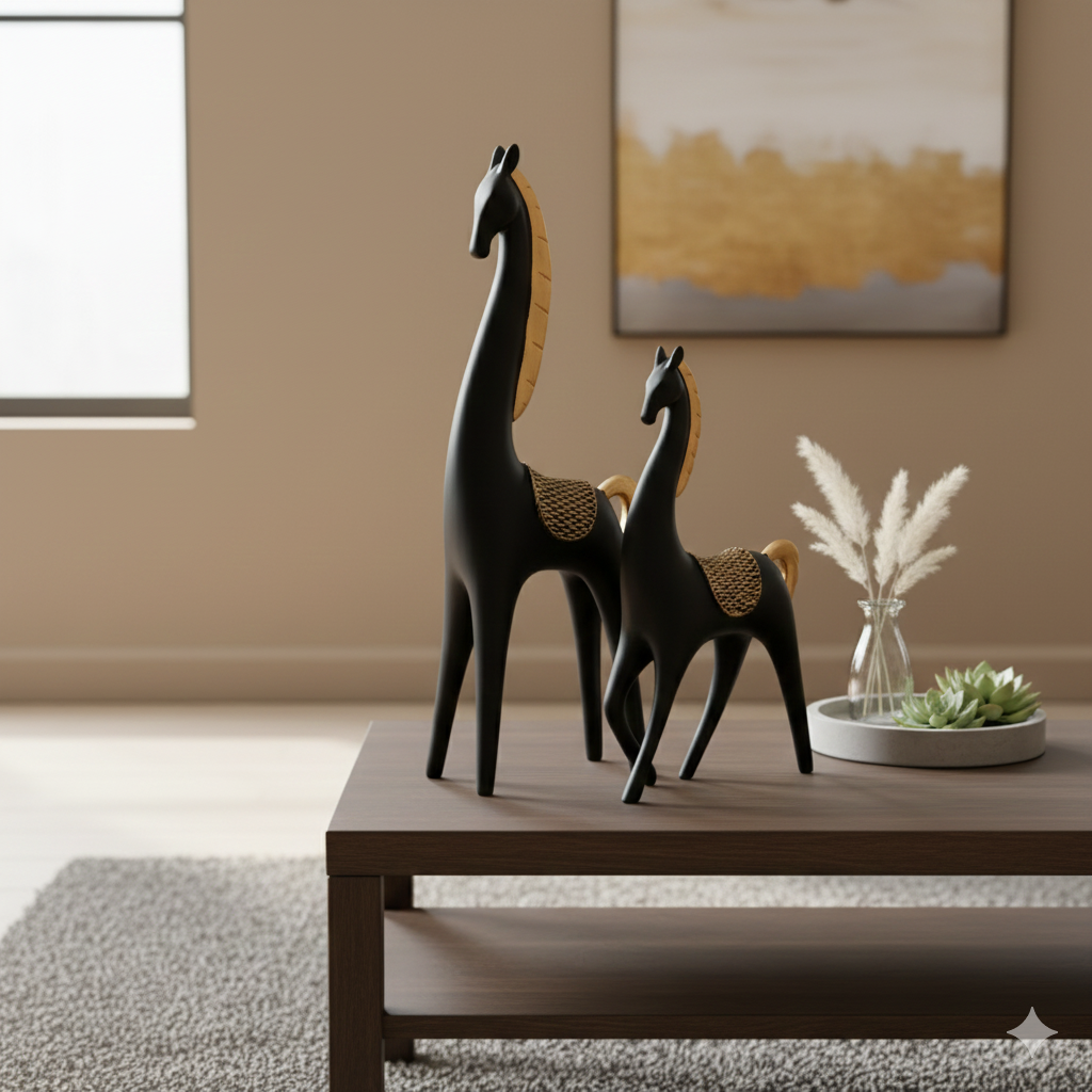 Elegant Horse Figurines – Black & Gold Polyresin Showpiece Set of 2