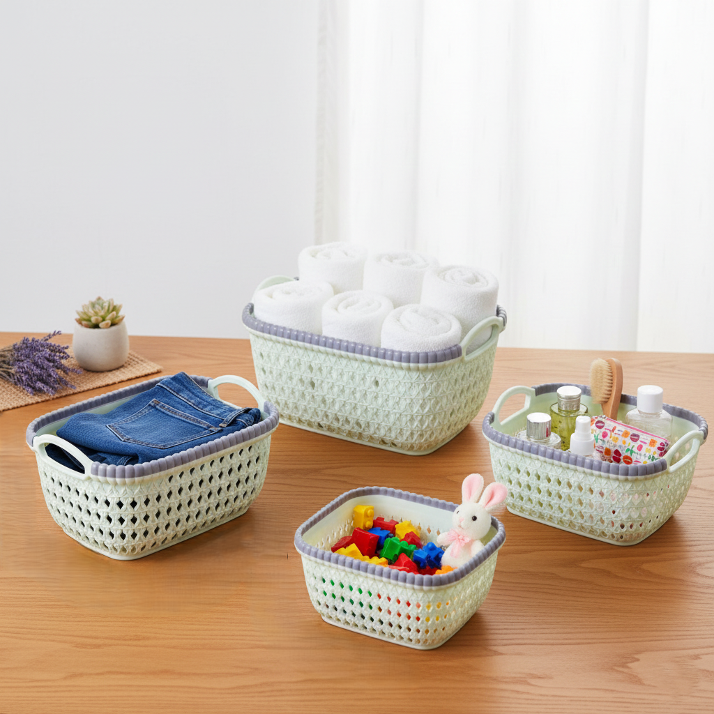 Premium Multi-Purpose Woven Storage Basket Set of 4 (Green Color)