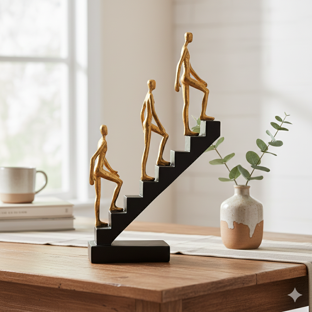 Success Ladder Figurine – 3 Golden Men Climbing Black Stairs