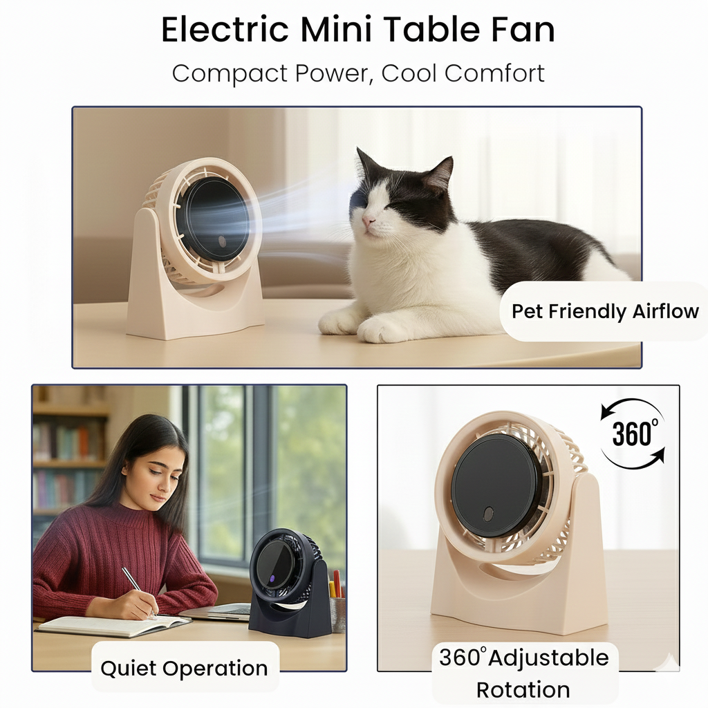 Electric Mini Table Fan (Beige with Brown Ring)