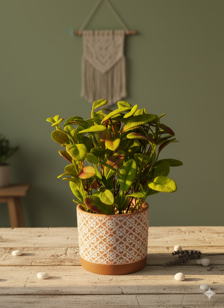 Decorative Patterned Ceramic Planter with Artificial Green & Red-Hint Leaves
