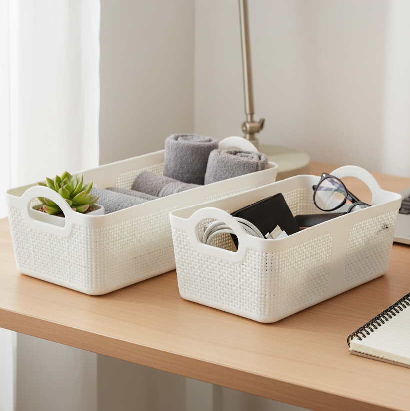 Premium Multi-Purpose Rectangular Woven Storage Basket Set with Handles (White)