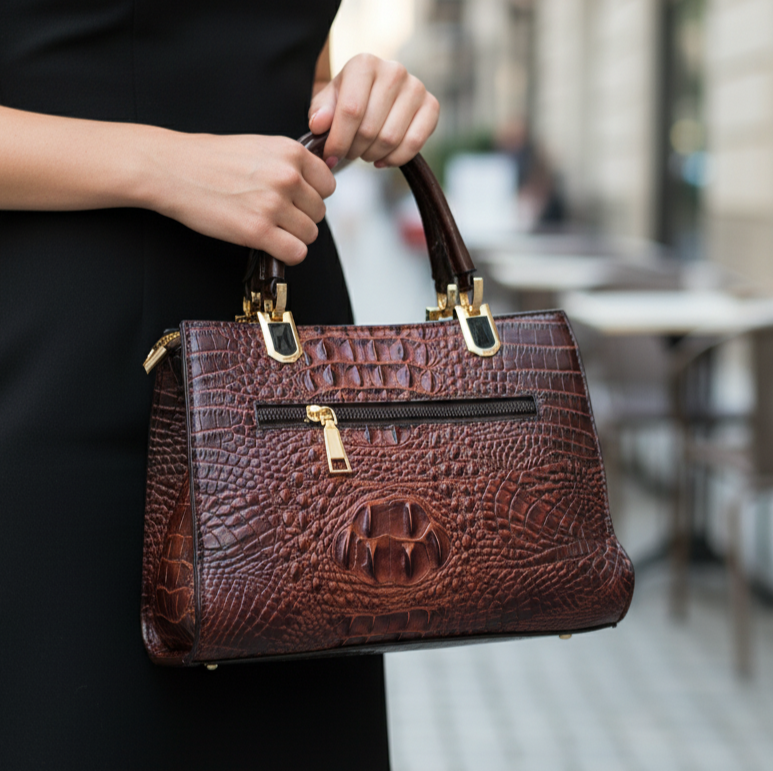 Women’s Dark Maroon Croc-Texture Handbag – Leatherette Finish with Gold Detailing & Sling Strap