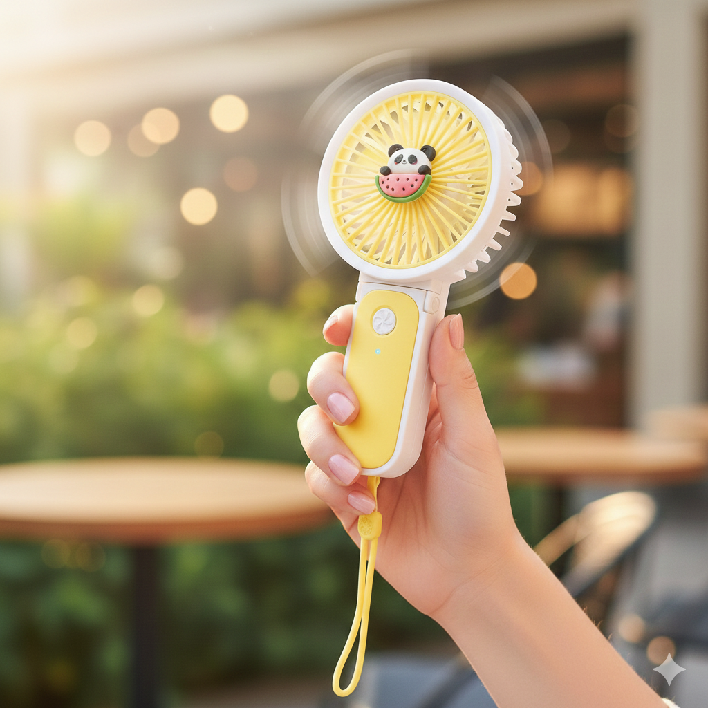 Hand Operated Mini Fans (Yellow white body with Panda Charm)