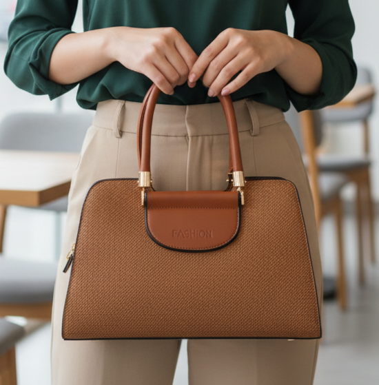 Women’s Tan Brown Textured Handbag – Polyurethane Finish with Gold Accents & Adjustable Sling Strap