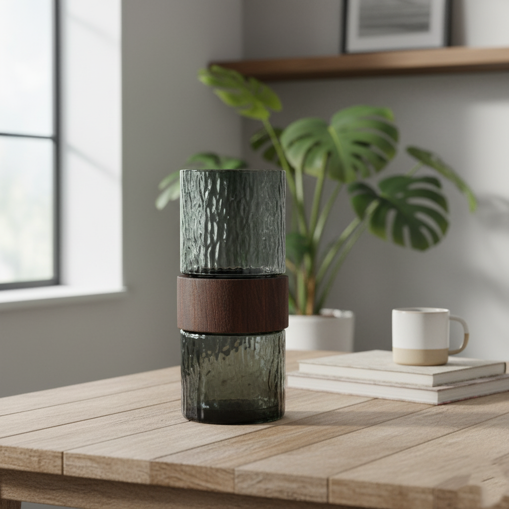 Small Smoky Textured Glass Vase with Wooden Ring