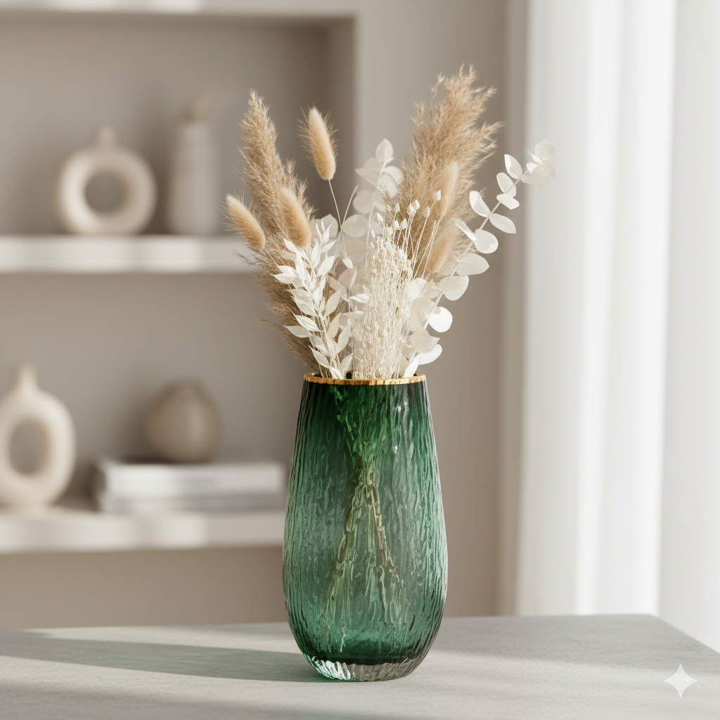 Emerald Green Glass Vase with Golden Rim