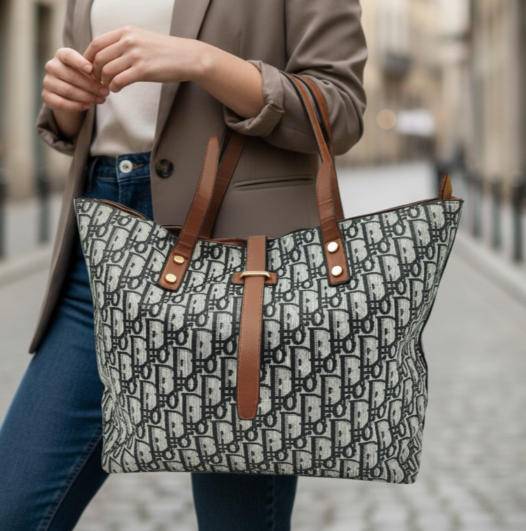 Women’s Printed Tote Handbag – Elegant Canvas Design with PU Leather Handles & Spacious Multi-Pocket Interior