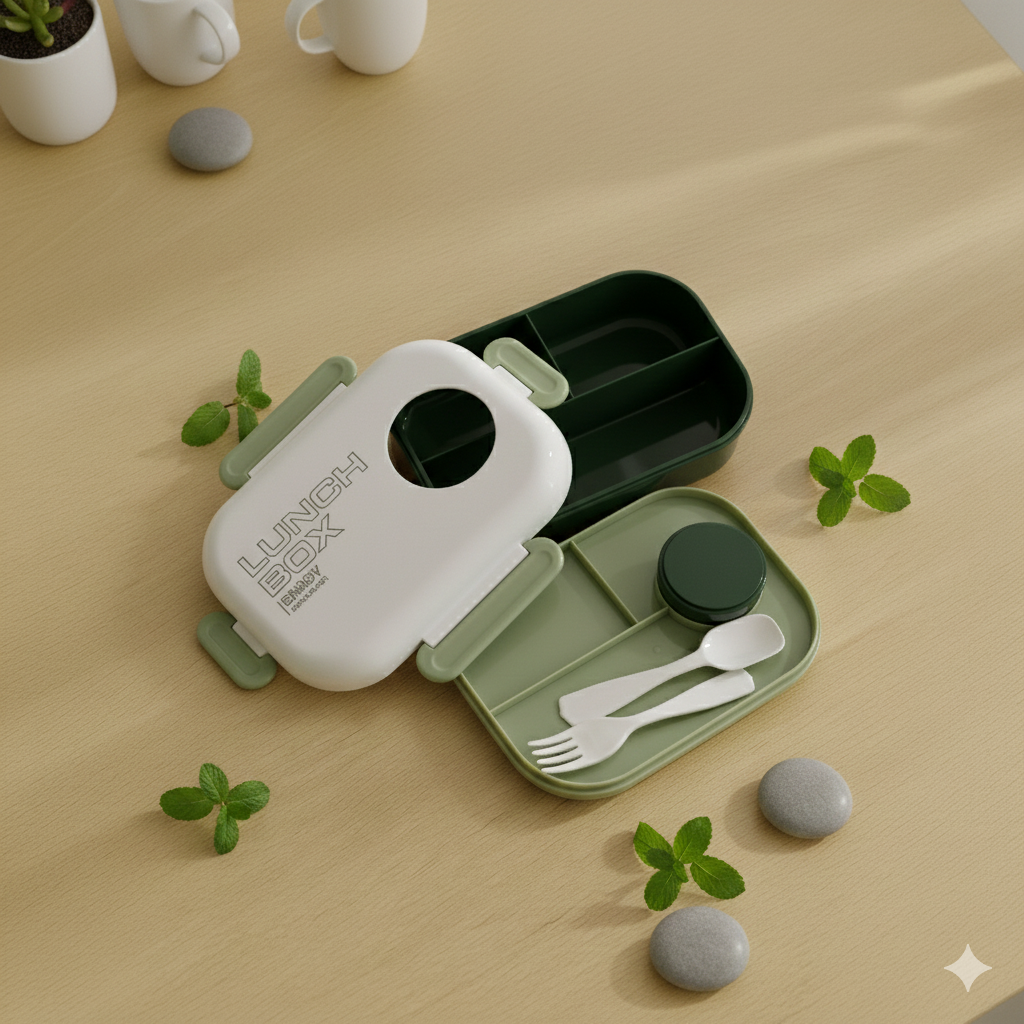 Multi compartment Silicon Lunch Box- BPA Free-Green & White