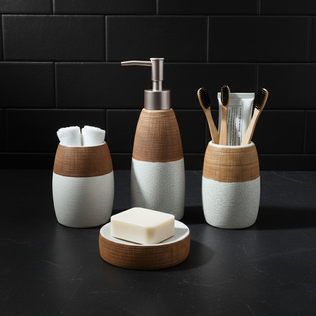 Elegant Two-Tone Ceramic-Look Bathroom Accessory Set – Soap Dispenser, Toothbrush Holder, Tumbler & Soap Holder (4-Piece Set)