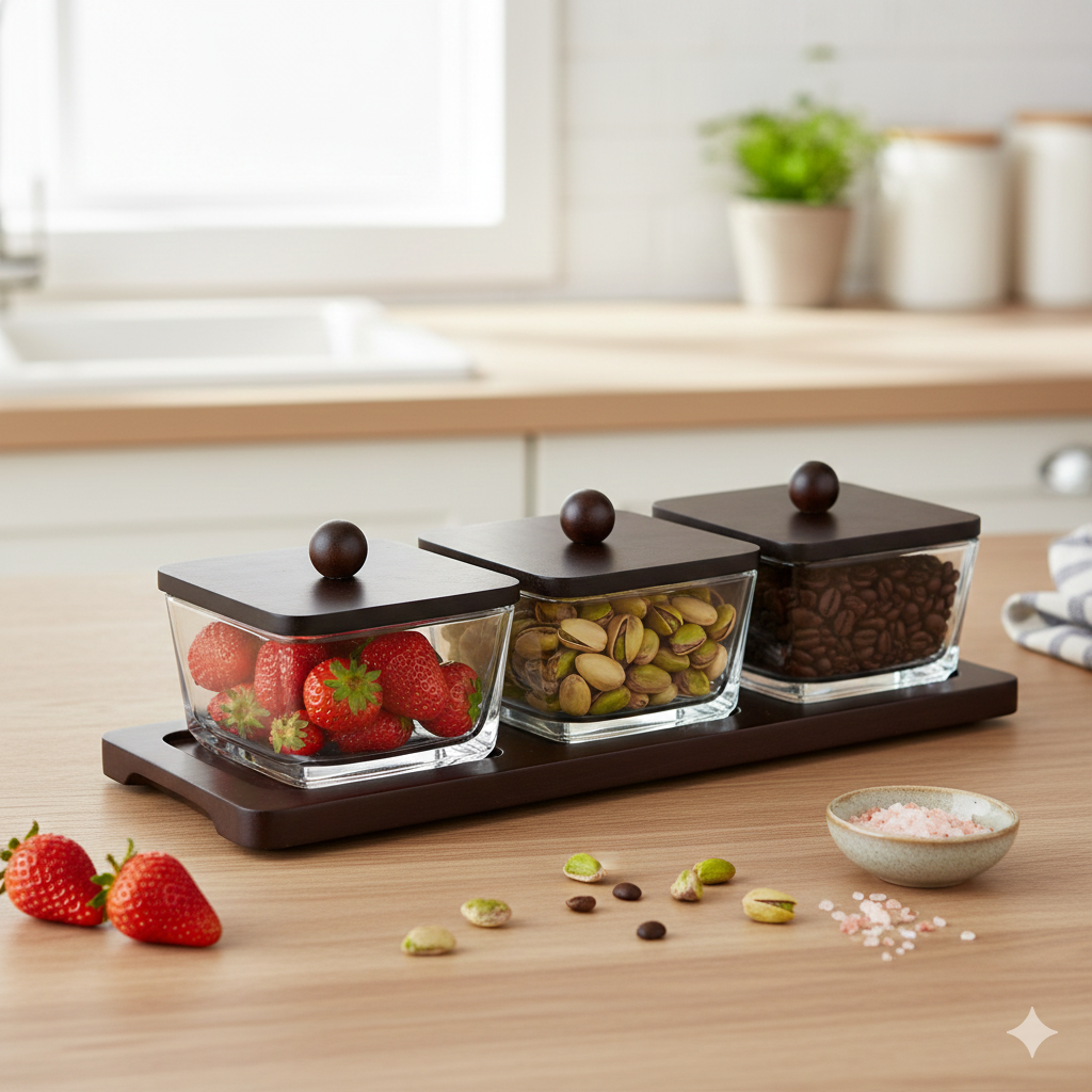 Luxury Wooden Kitchen Storage Jar Set of 3