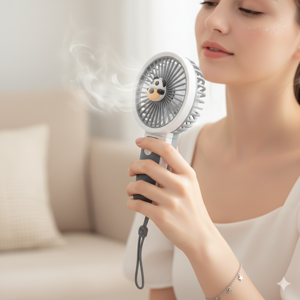 Hand Operated Mini Fans (Grey white body with Panda Charm)