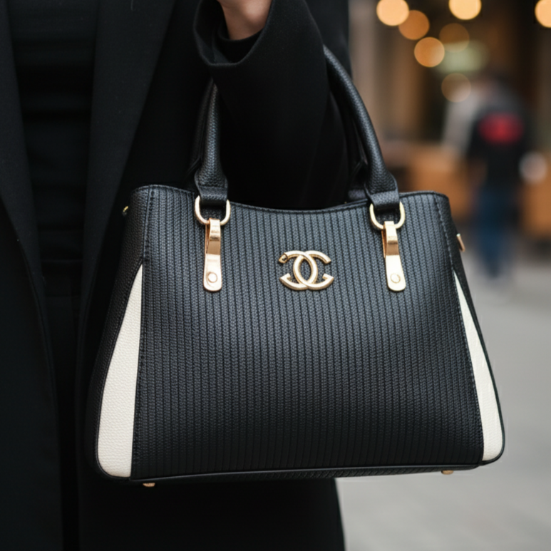 Women’s Black & White Textured Handbag – Polyurethane Finish with Gold Accents & Adjustable Sling Strap