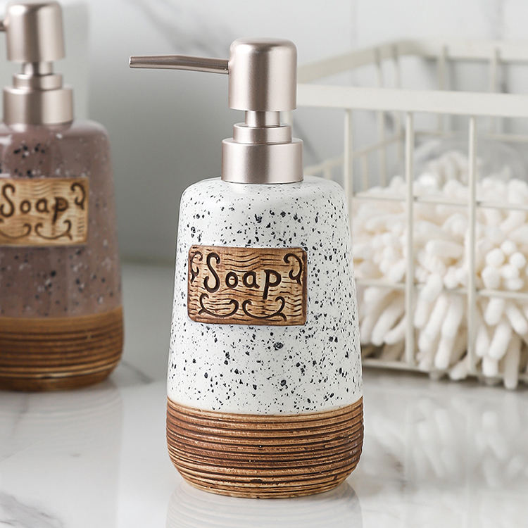 Speckled White Soap Dispenser with Textured Base & Stainless Steel Pump, Bathroom Kitchen Liquid Soap Holder