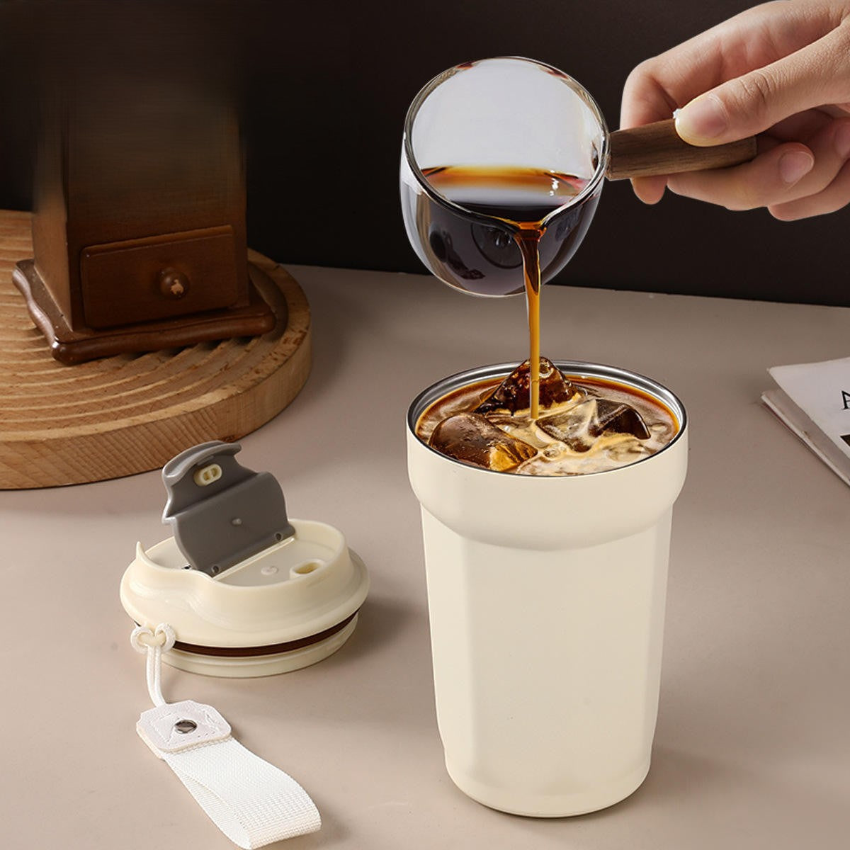 Insulated Coffee Mug Tumbler with Flip Lid & Strap, Stainless Steel Leakproof Travel Cup