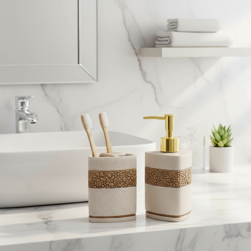 Premium Textured Bathroom Organizer Set – Stone-Look Dispenser & Holder Duo