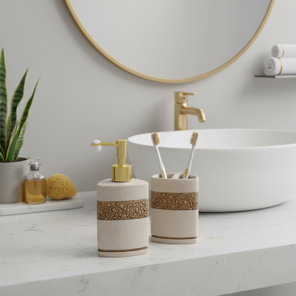 Premium Textured Bathroom Organizer Set – Stone-Look Dispenser & Holder Duo