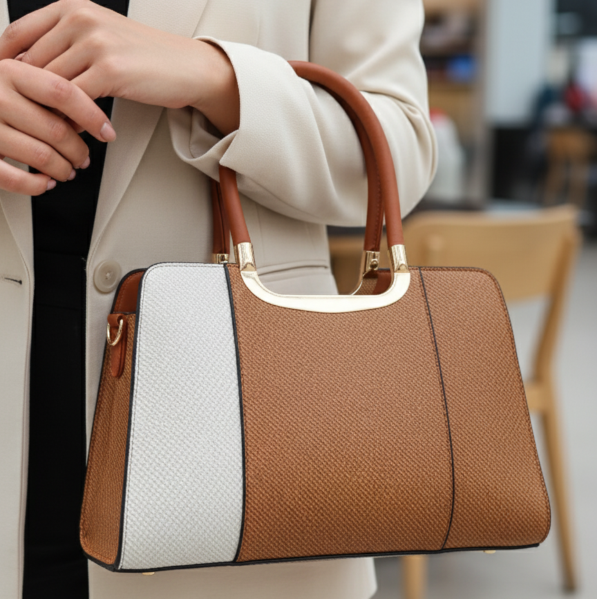 Women’s Two-Toned Handbag – Beige & Orangish Brown with Gold Detailing and Sling Strap