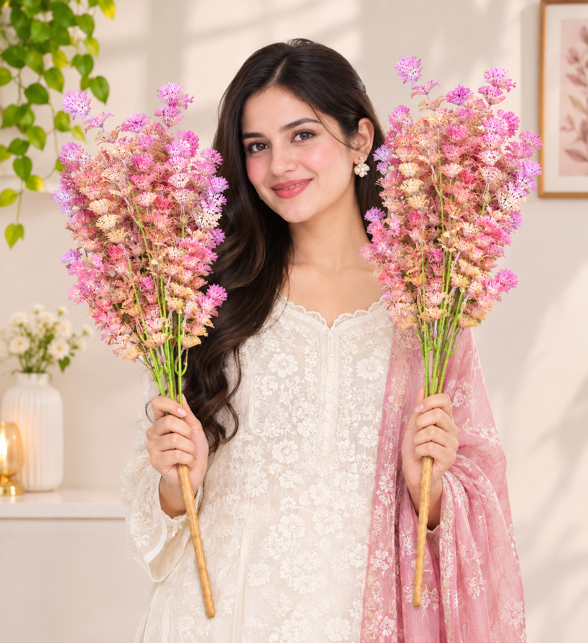 Artificial Pastel Pink Feathery Wild Flower Sticks for Home Decor, 55 cm, Pack of 2