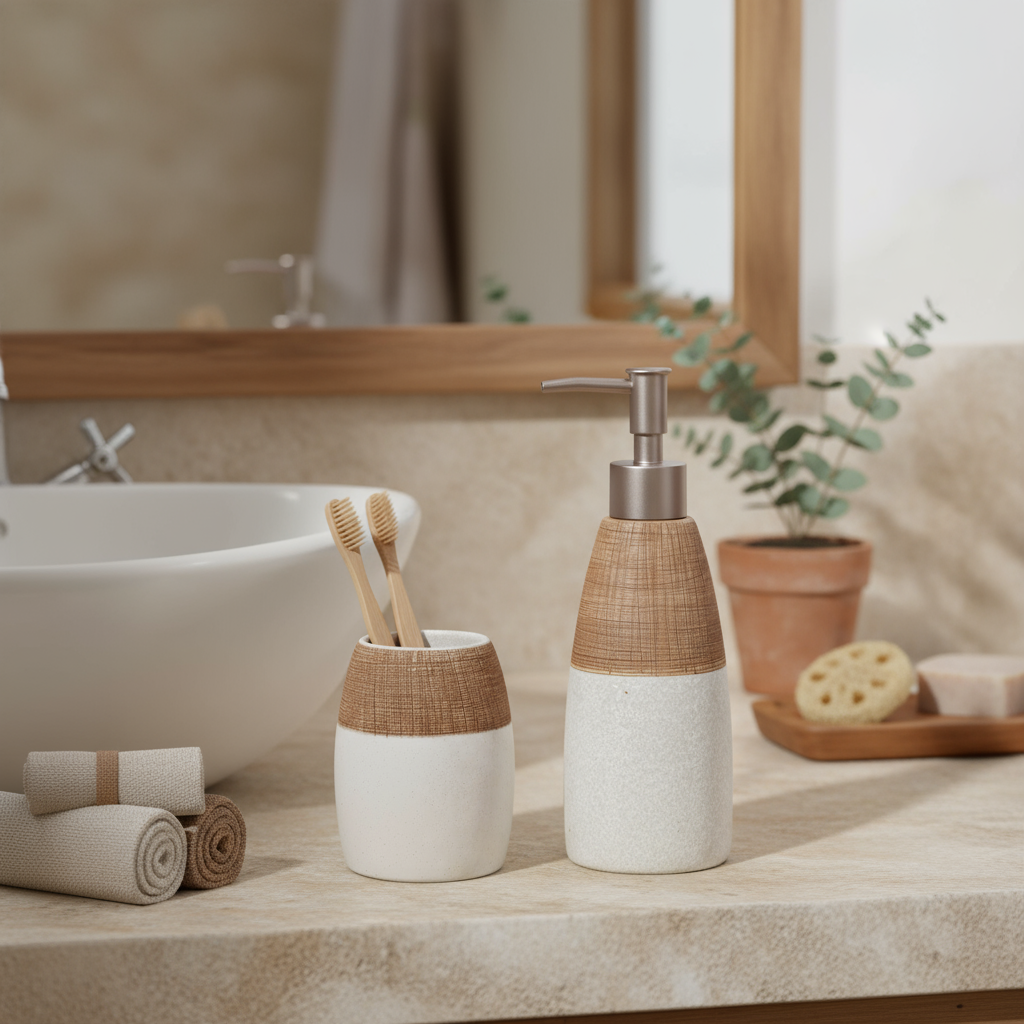 Rustic Stone & Wood Finish Bathroom Accessory Set – Soap Dispenser & Toothbrush Holder (2-Piece)