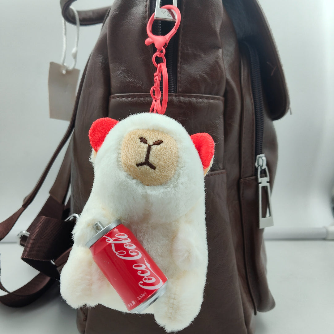 Capybara Plush Keychain with Cola Bottle & Red Clip – Kawaii Bag/Car Hanging Charm