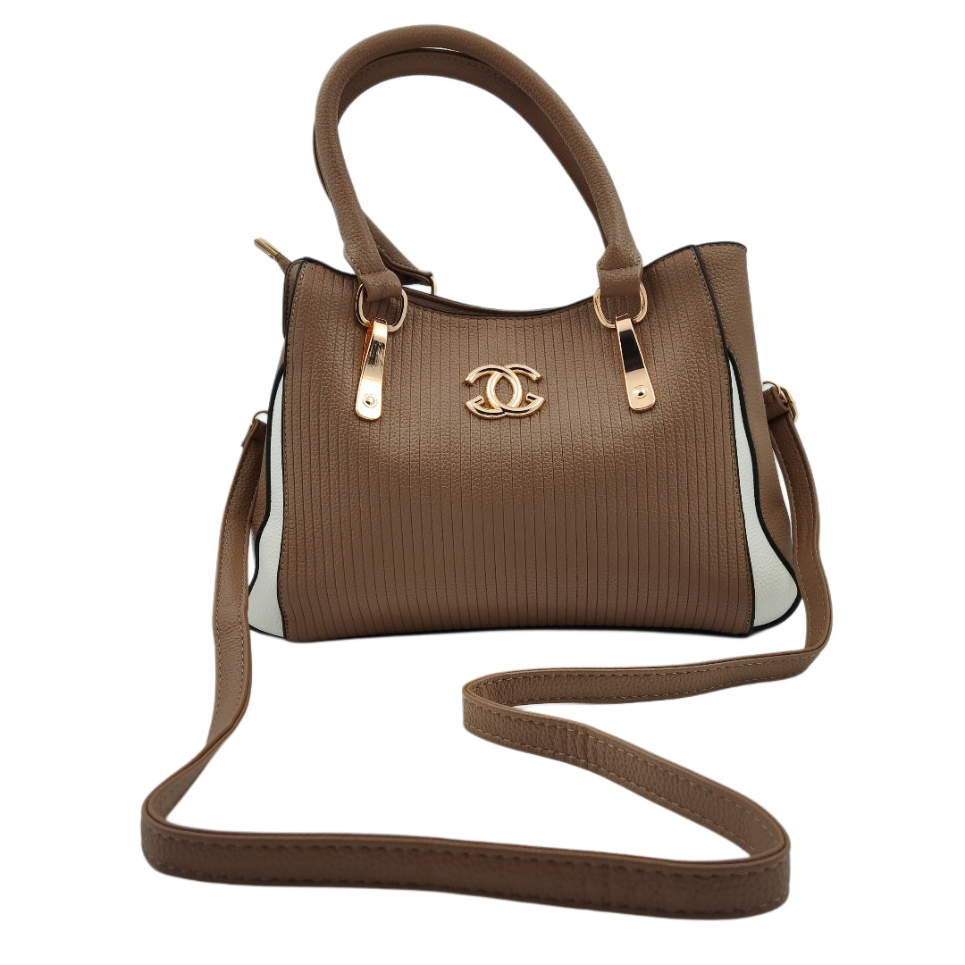 Women’s Beige & White Textured Handbag – Polyurethane Finish with Gold Accents & Adjustable Sling Strap