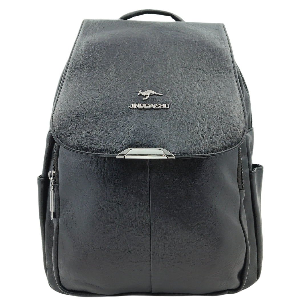Unisex Black Leather-Look Backpack – Multi-Pocket Design with Adjustable Straps & Secure Flap Closure
